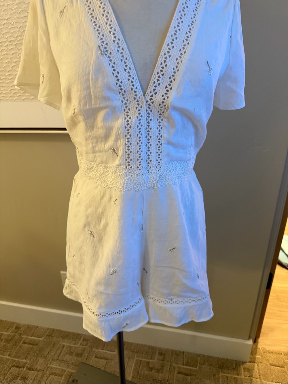 Mamia White V-Neck Embroidered Lace-Trim Romper